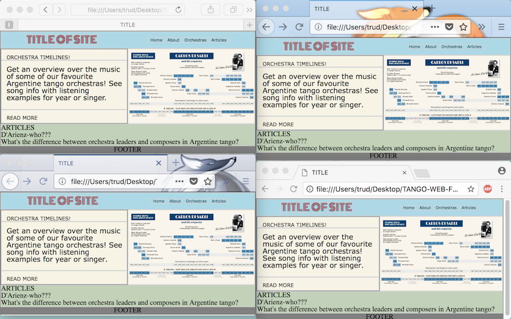 Screen shot of the tango website draft in four browsers