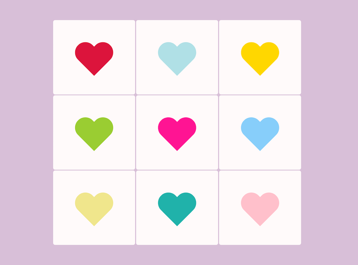 Screen shot of nine hearts in different colours